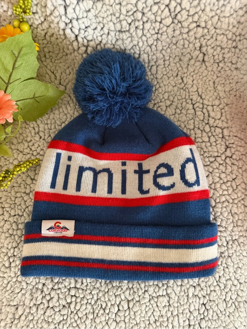Colorado Pom Beanie Hat - Blue/Red/White